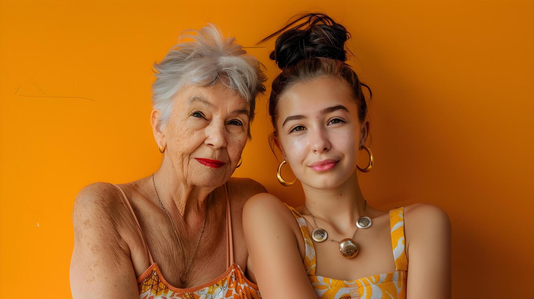 Elegant Portrait of Senior Lady and Young Girl in Stylish Fashion on Orange Background photo