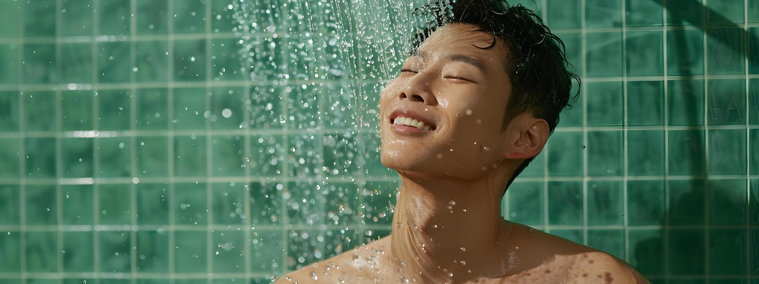 Handsome Korean Man Enjoying a Refreshing Shower in Advertising Photography With Neo Pop Sensibility photo