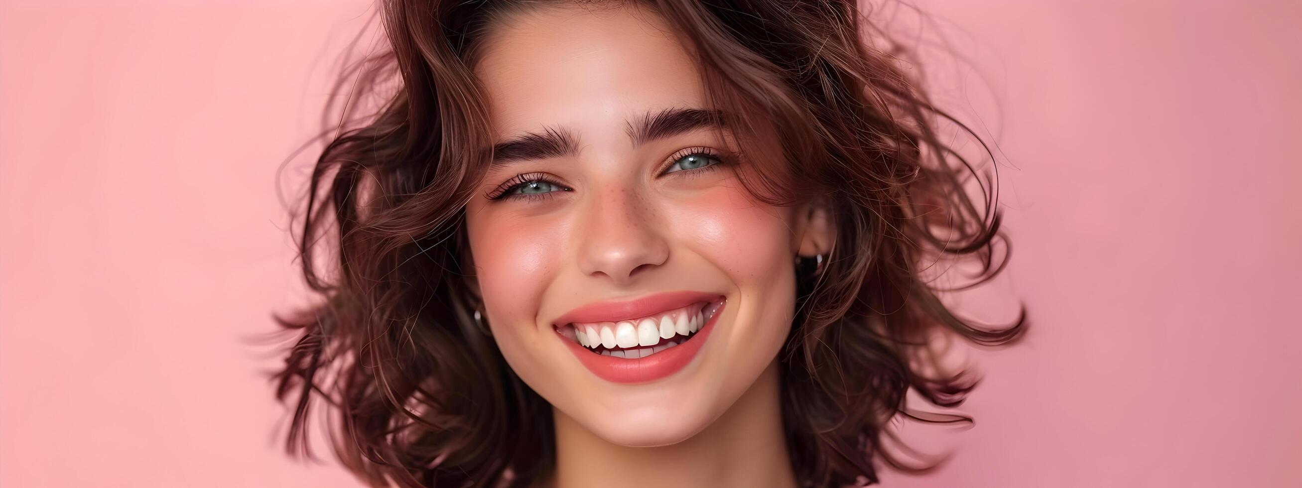 Radiant and Confident Woman with Natural Makeup on Pink Background photo