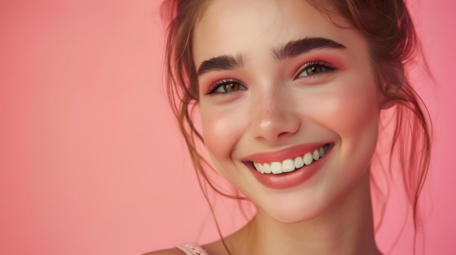 Radiant and Confident Woman in Stylish Makeup on Pink Background photo