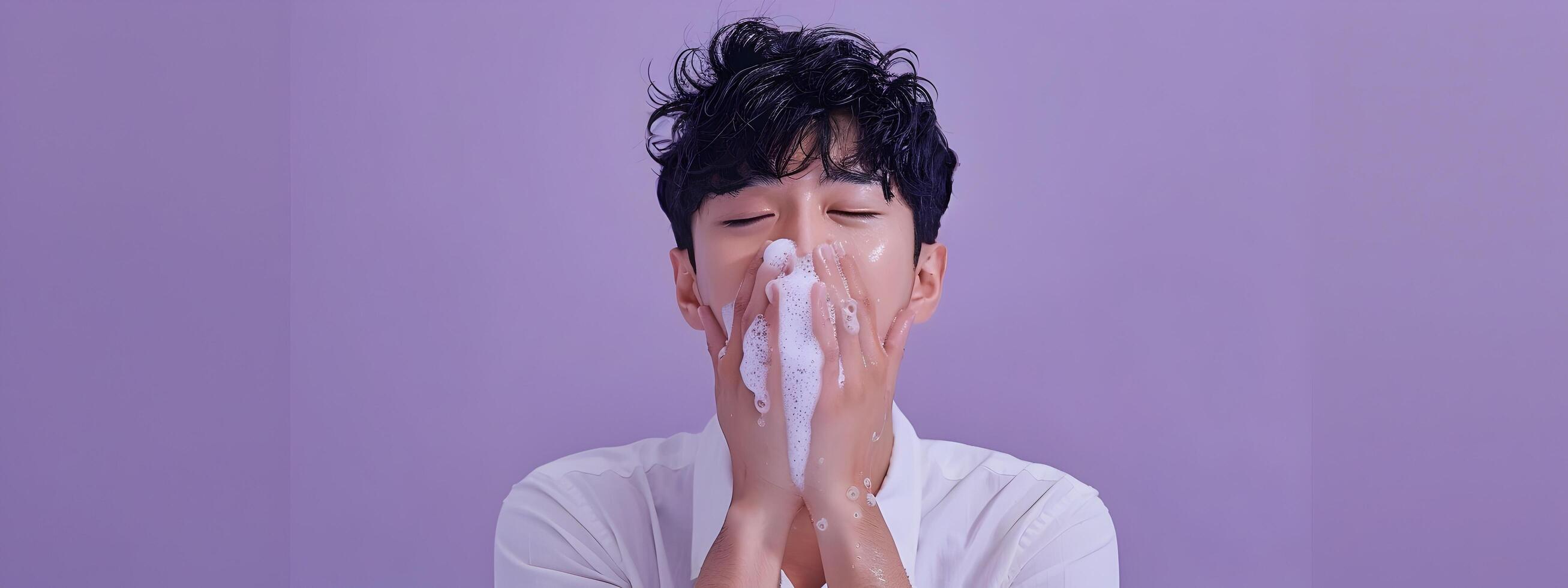Smiling Asian Man Washing Face in Lavabo with Simple Shirt on Purple Studio Background photo