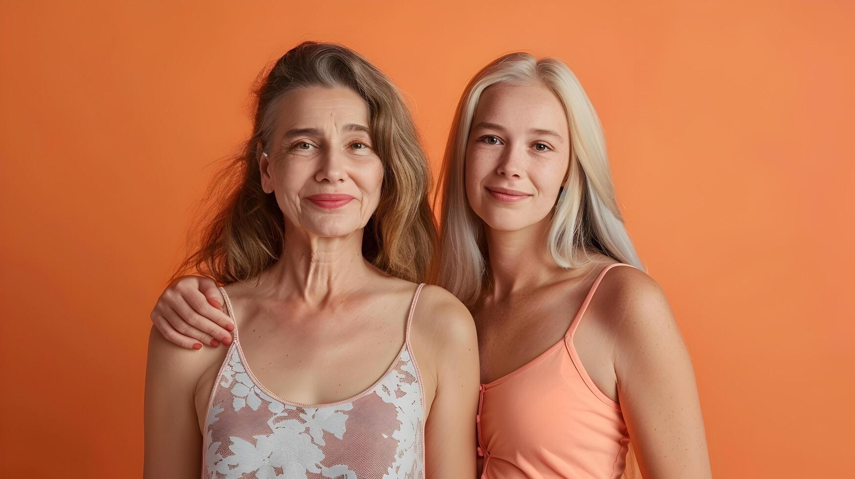 Two of Captivating Women Exude Confidence and Beauty on a Vibrant Orange Backdrop photo