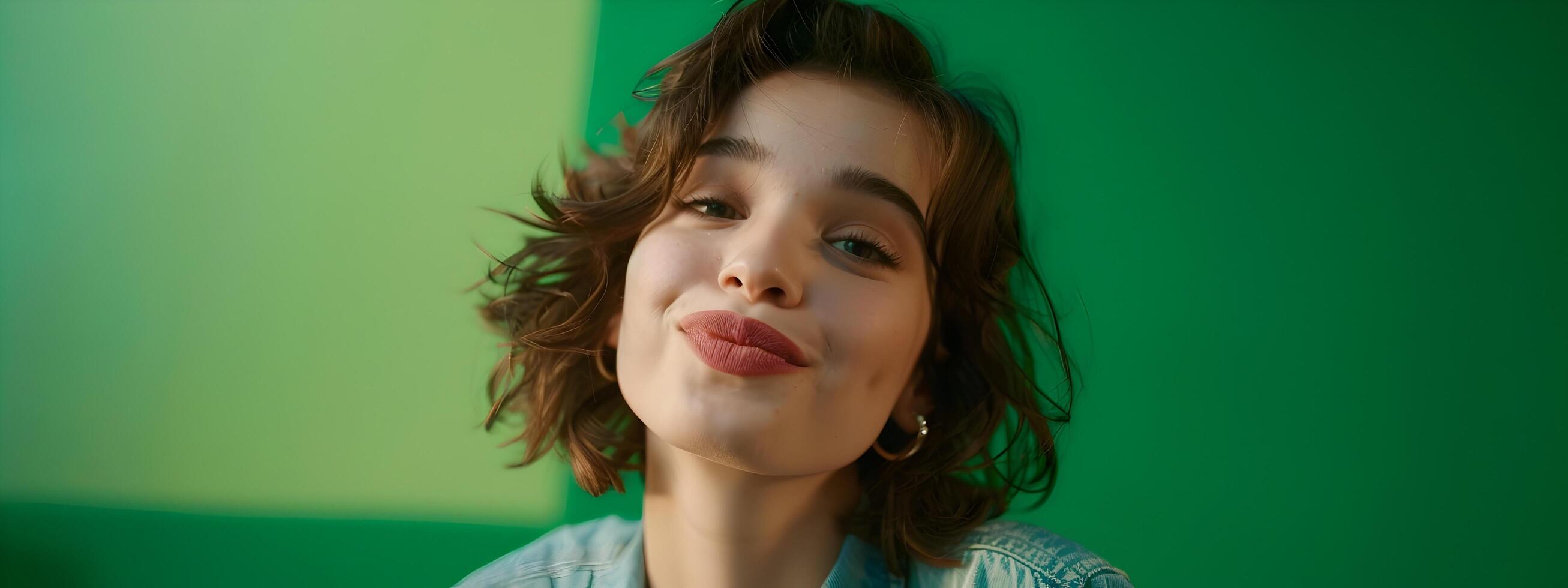 Alluring Young Woman Giving Kisses with Vibrant Neo Pop Aesthetic photo