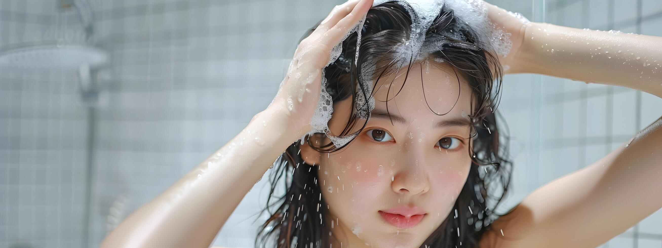 Beautiful Korean Woman Washing Her Hair in Bathroom with Soft Lighting and Minimalist Style photo