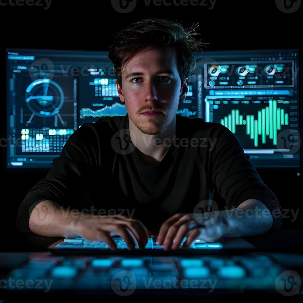 Determined Programmer Analyzing Data on Multiple Screens in Dark Modern Workspace photo