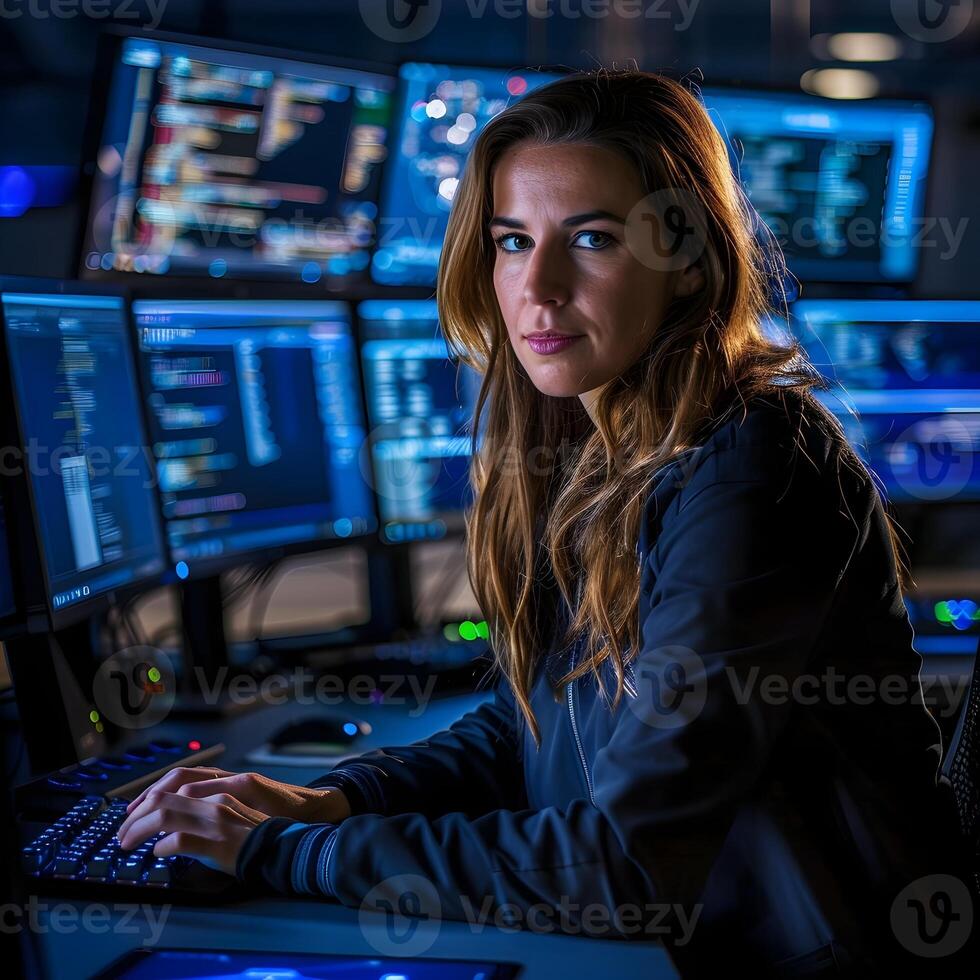 Female Tech Professional Analyzing Data and Coding on Multiple Monitors in Dark Office photo