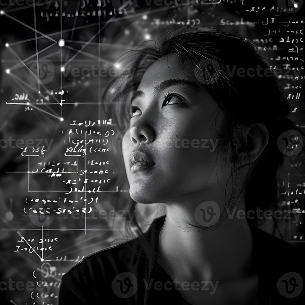 Thoughtful Asian Woman Looking Up at Futuristic Data Displays photo