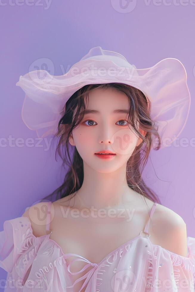 Captivating Hallyu Woman in Vibrant Lavender Setting Exuding Modern Charm photo