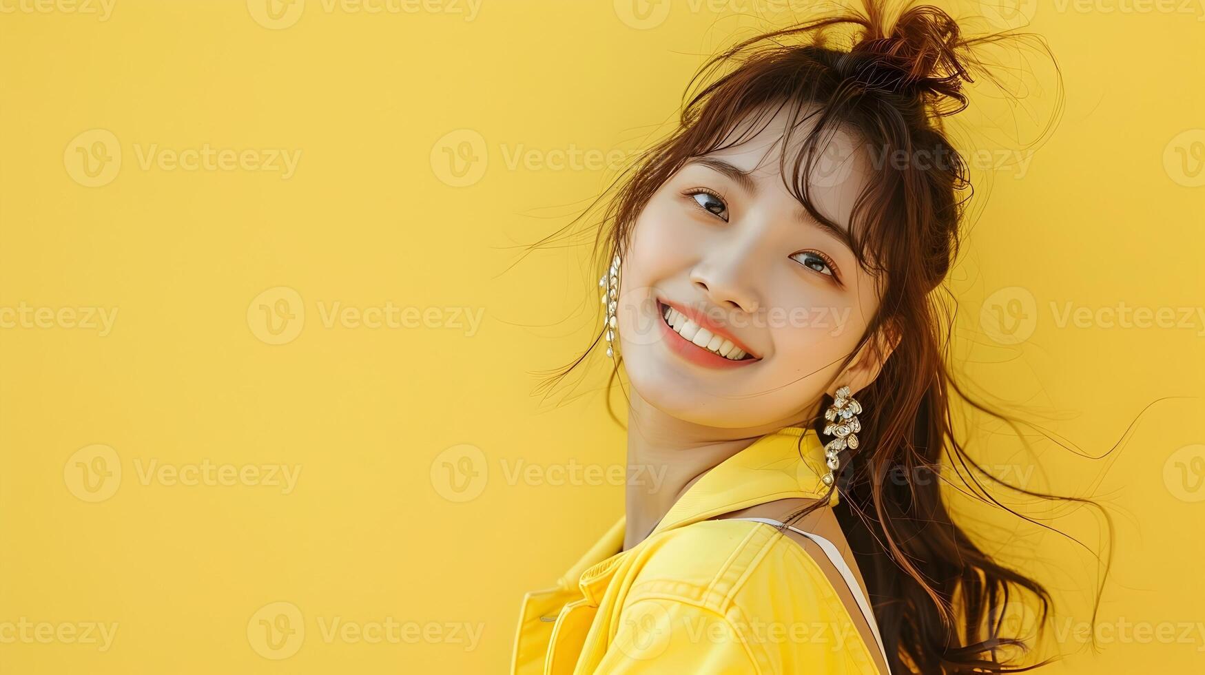 Charming Asian Model in Vibrant Yellow Backdrop with Playful Modern Attire photo