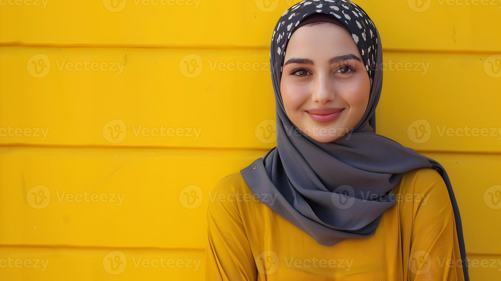 Charming Muslim Woman Wearing Hijab Dress Smiling on Yellow Background photo