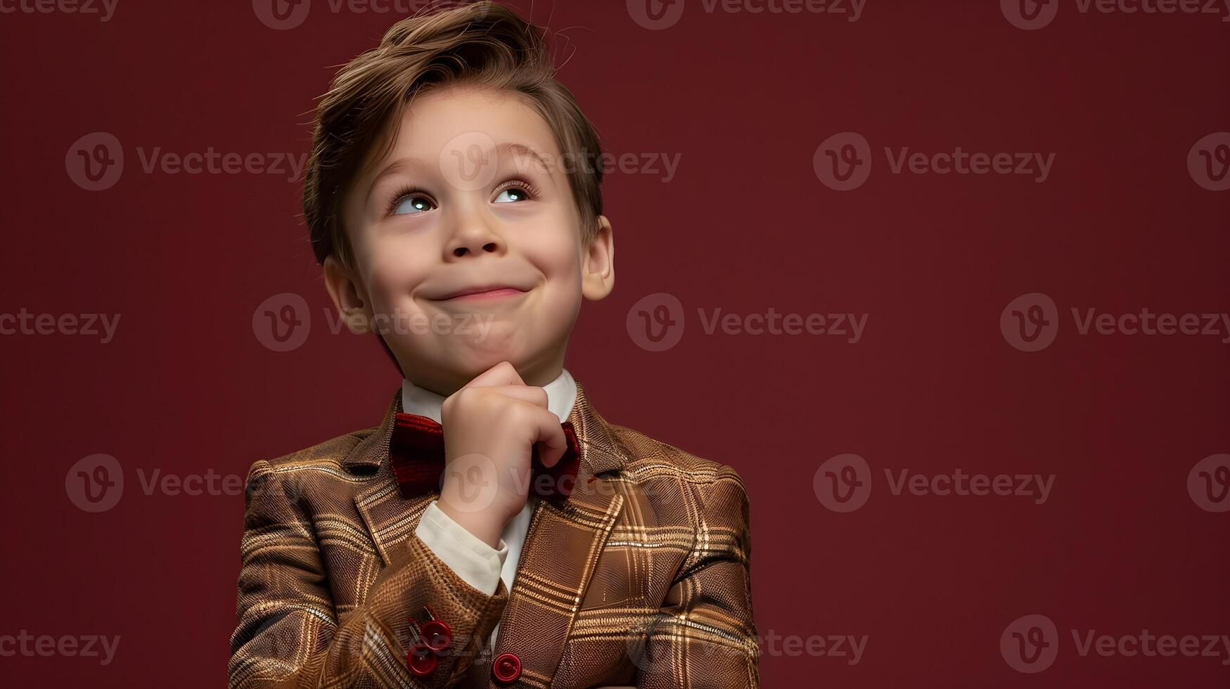 Smiling Young Boy Dressed in Stylish Retro Suit on Sophisticated Burgundy Background photo