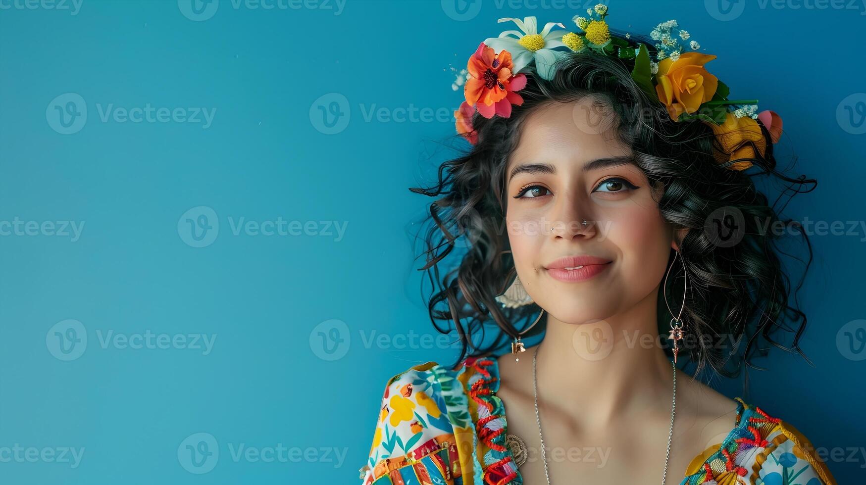 Vibrant and Colorful Portrait of Smiling Hispanic Woman in Modern Costume photo