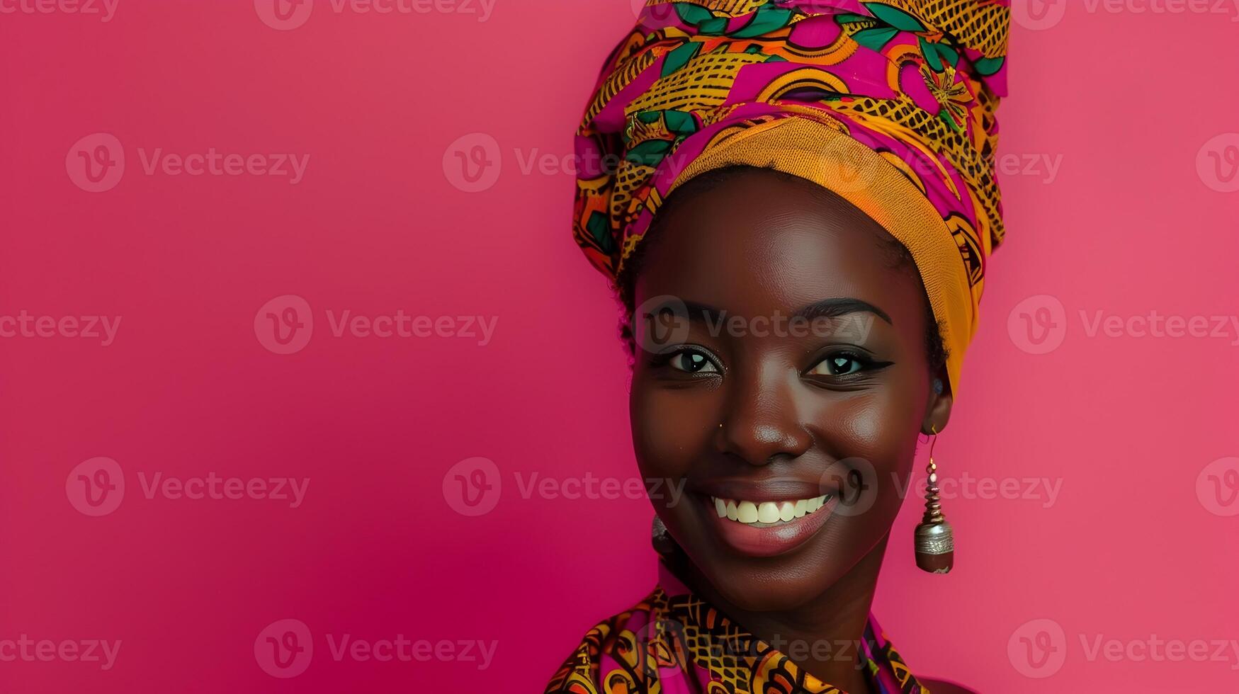 Vibrant Portrait of Radiant African Woman in Colorful Traditional Attire on Pink Background photo