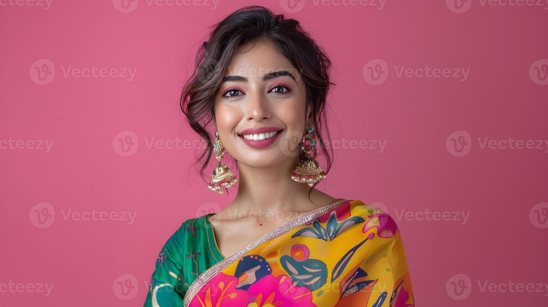 Vibrant Portrait of a Smiling Indian Woman Wearing a Colorful Saree on a Pink Background photo