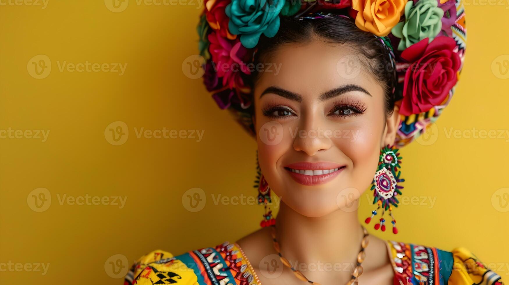 Vibrant Portrait of Smiling Mexican Woman in Traditional Costume and Accessories photo