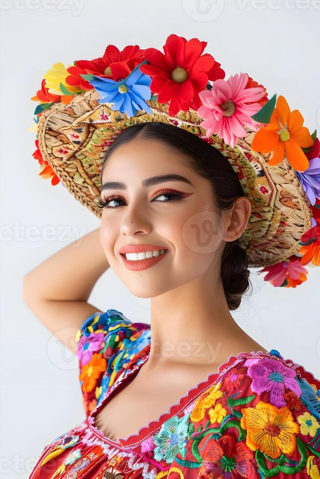Vibrant Portrait of Smiling Mexican Woman in Traditional Costume photo