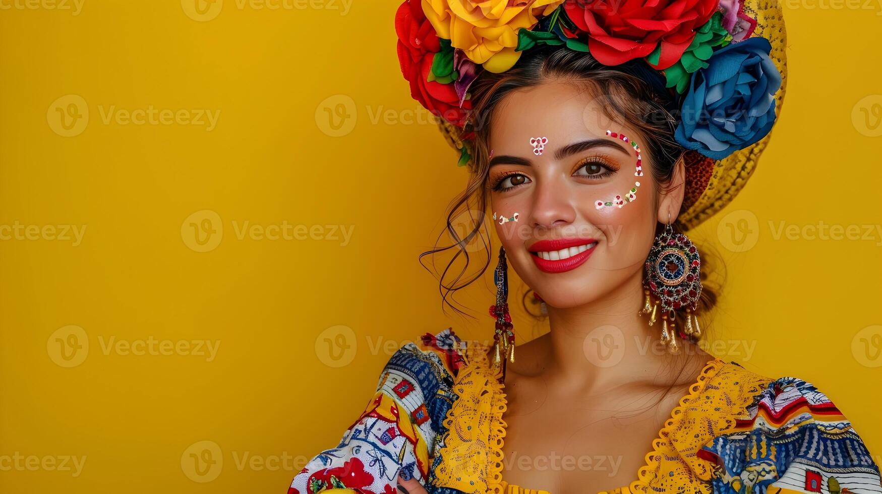 Vibrant Portrait of Smiling Mexican Woman in Traditional Costume Against Yellow Background photo