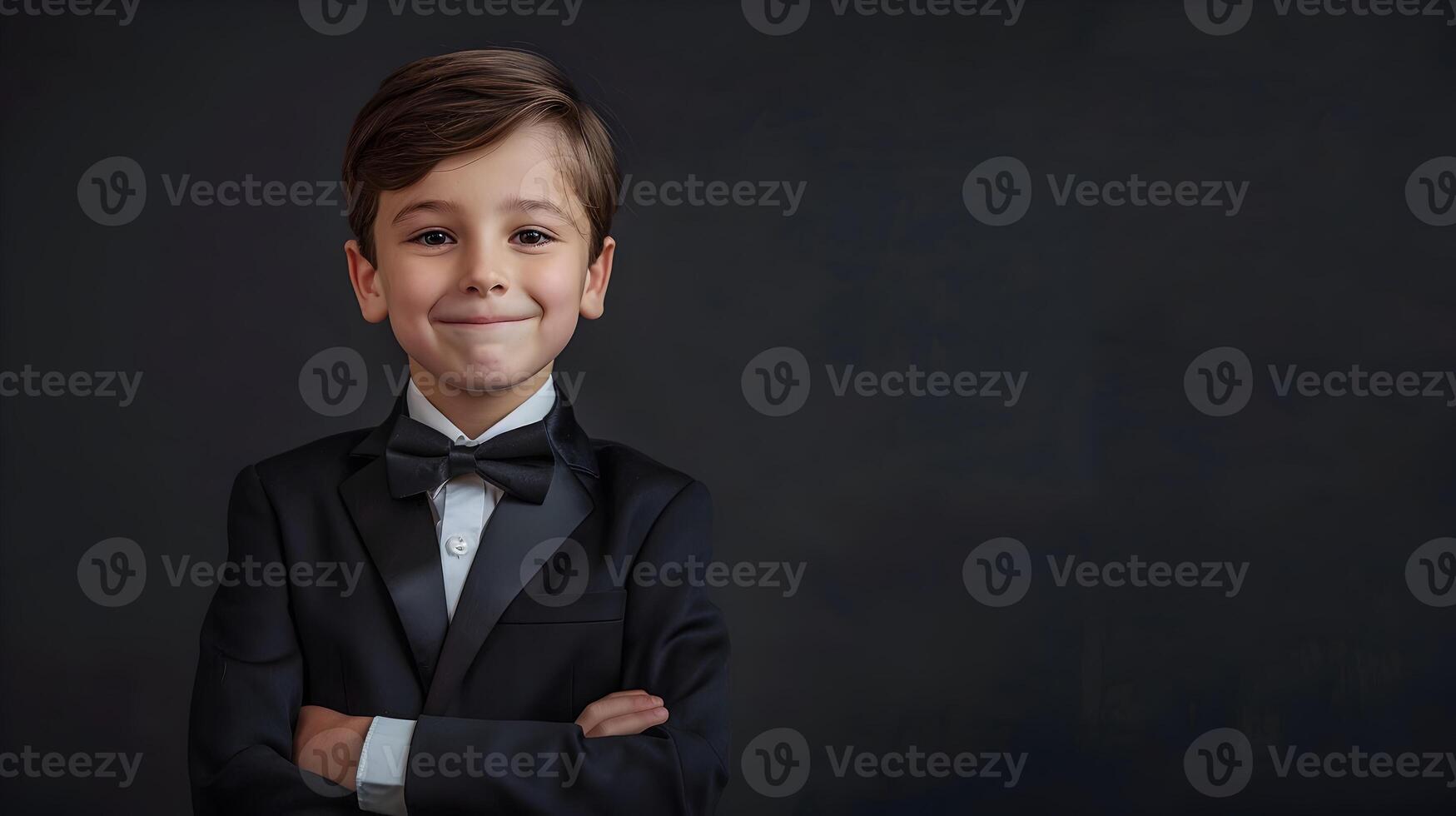 A young boy in a tuxedo posing for the camera photo