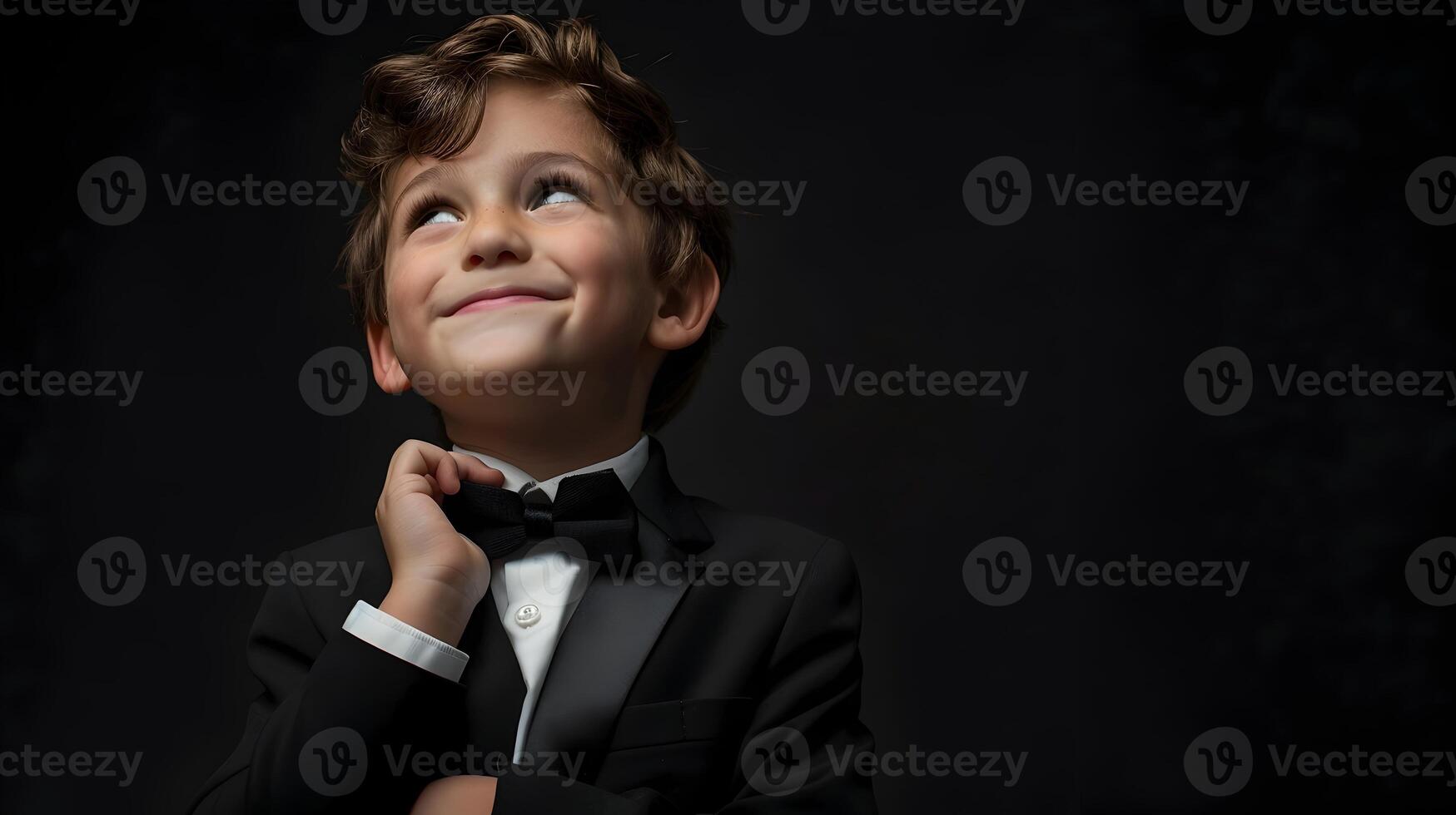 A young boy in a tuxedo looking up photo