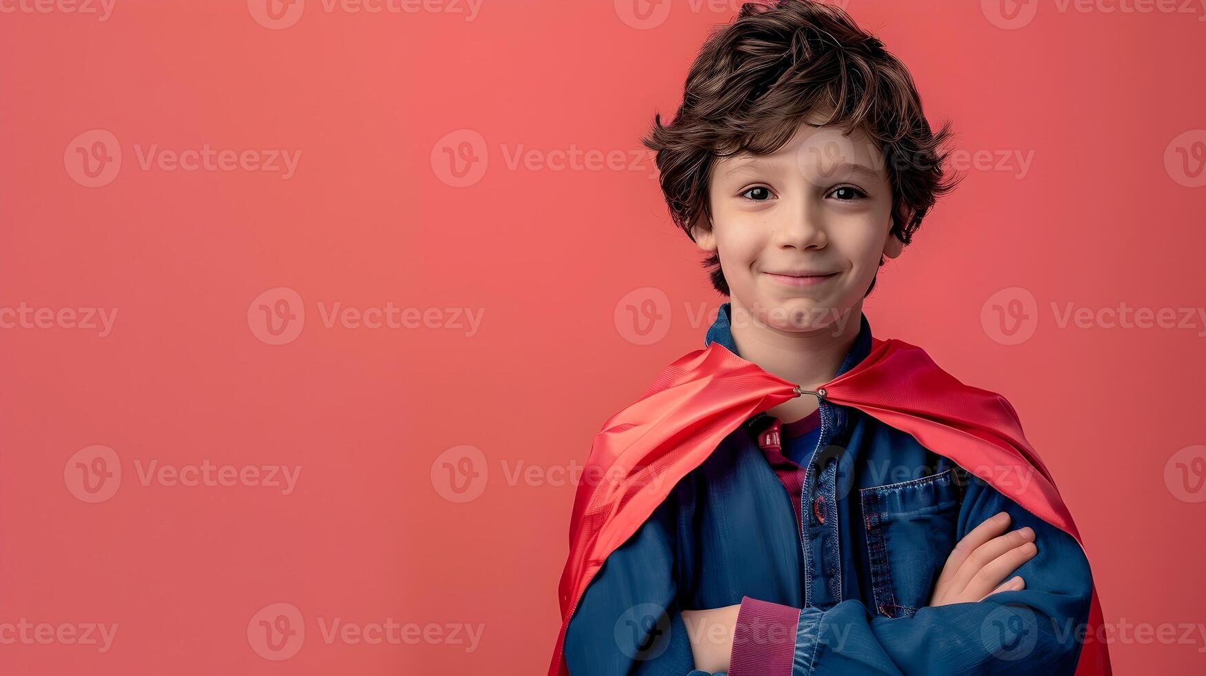 A young boy wearing a red cape and a blue shirt photo