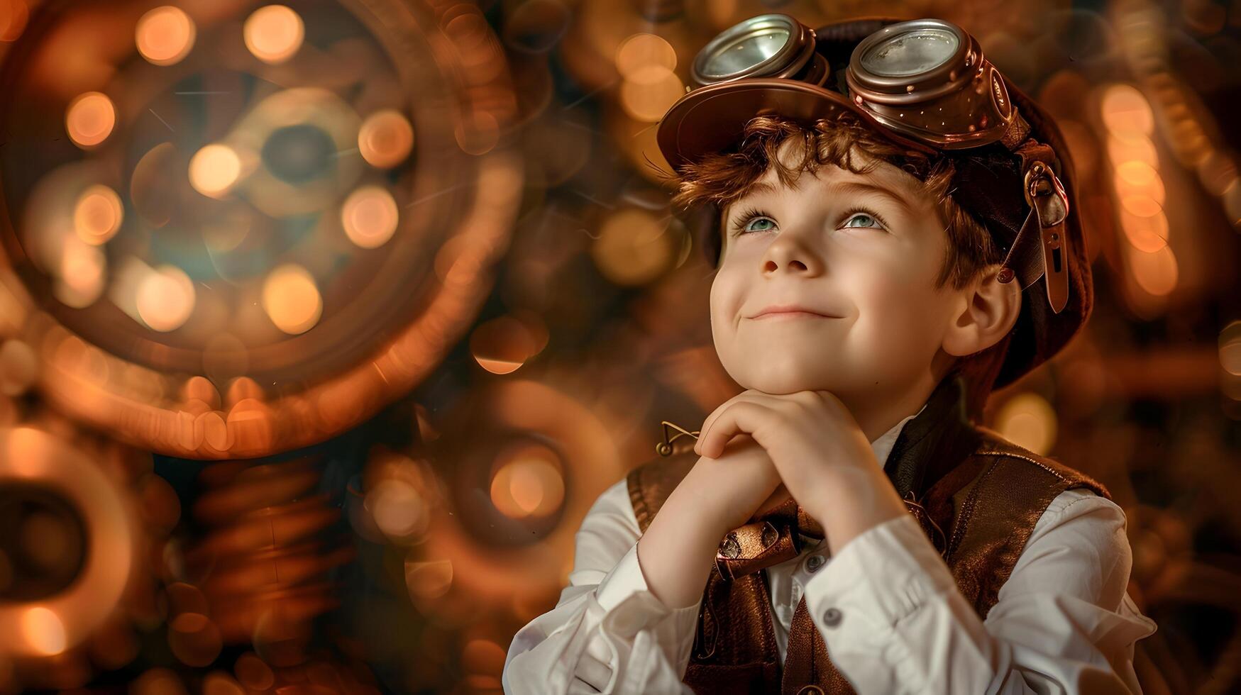 Smiling Steampunk Inspired Boy Lost in Whimsical Thoughts on Copper Background photo