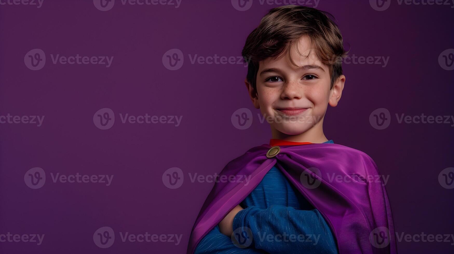 A young boy in a purple cape posing for the camera photo