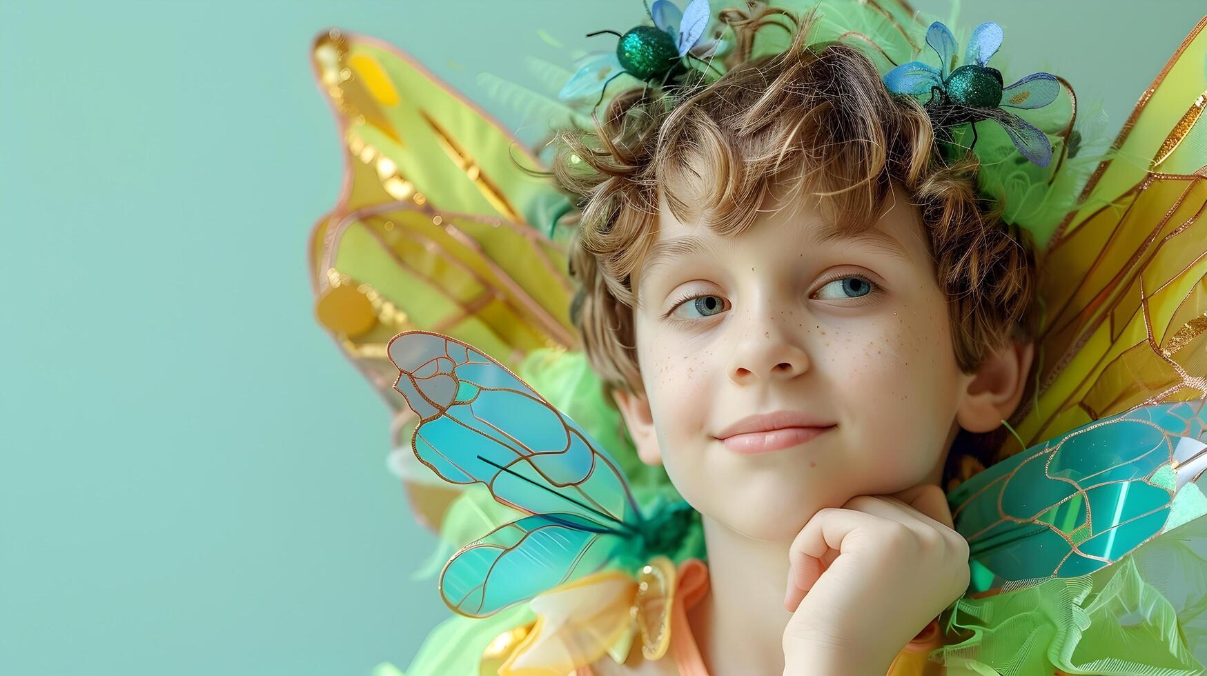 Whimsical Portrait of a Smiling Boy in Fairy Costume on Light Green Background photo