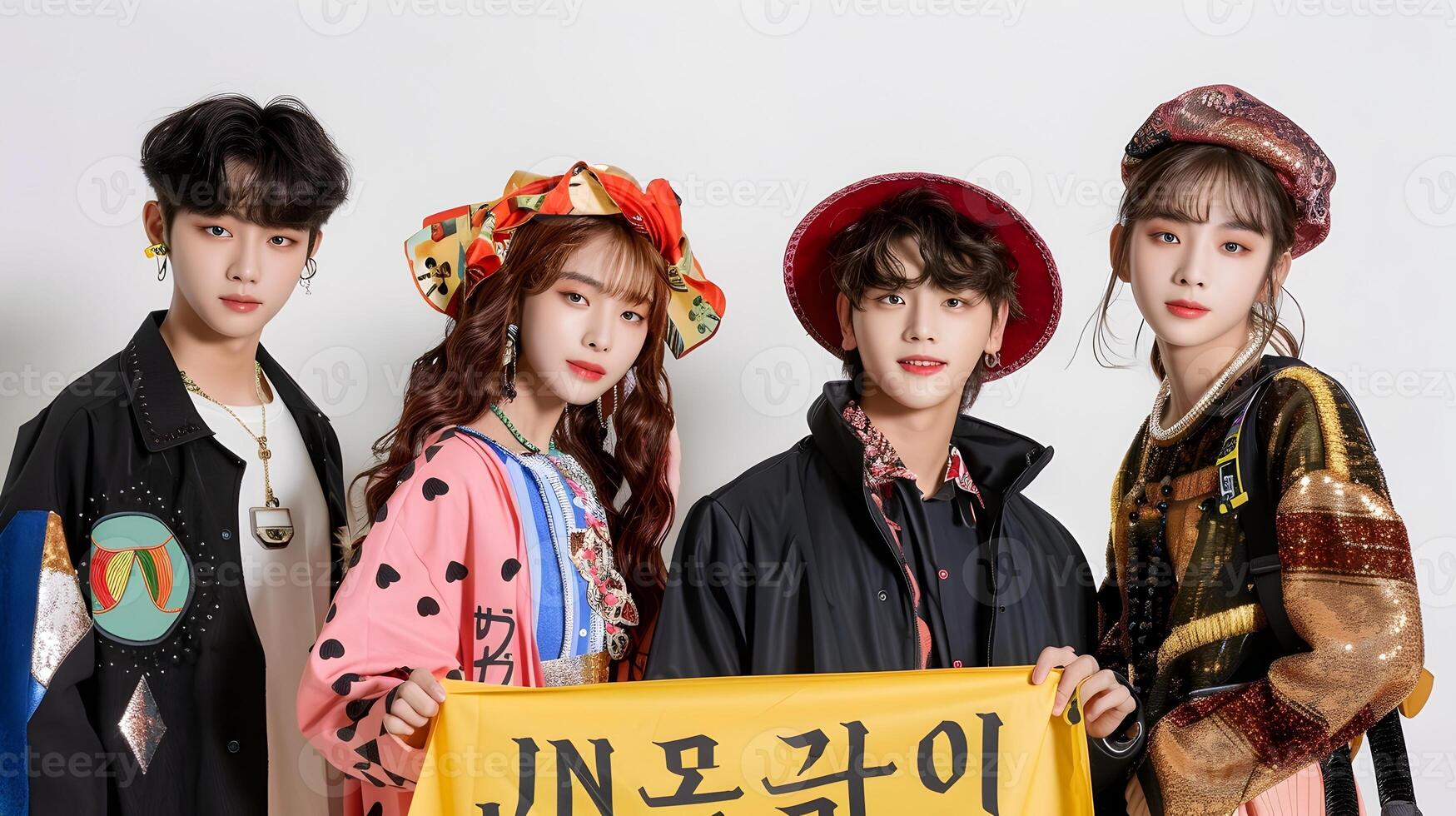 Four vibrant young people in diverse colorful traditional costumes posing together in an urban environment photo