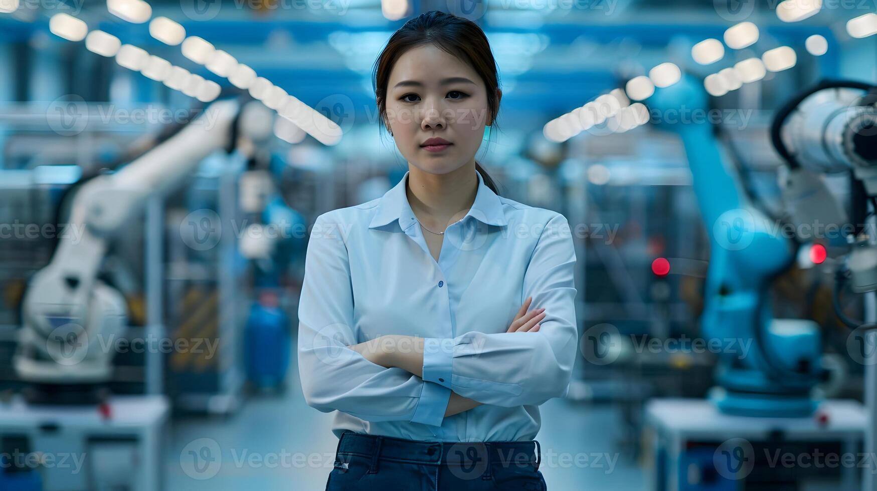 Hallyu Female Project Manager Overseeing Futuristic Industrial Factory with Robotics and Automation photo
