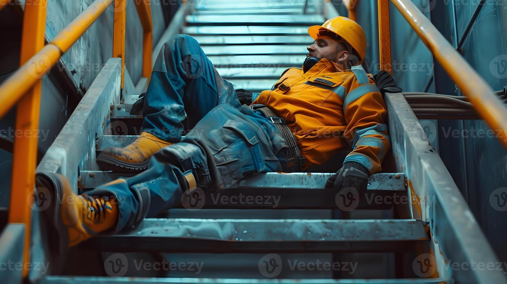 Hallyu Male Worker Lying on Stairs After Workplace Accident photo