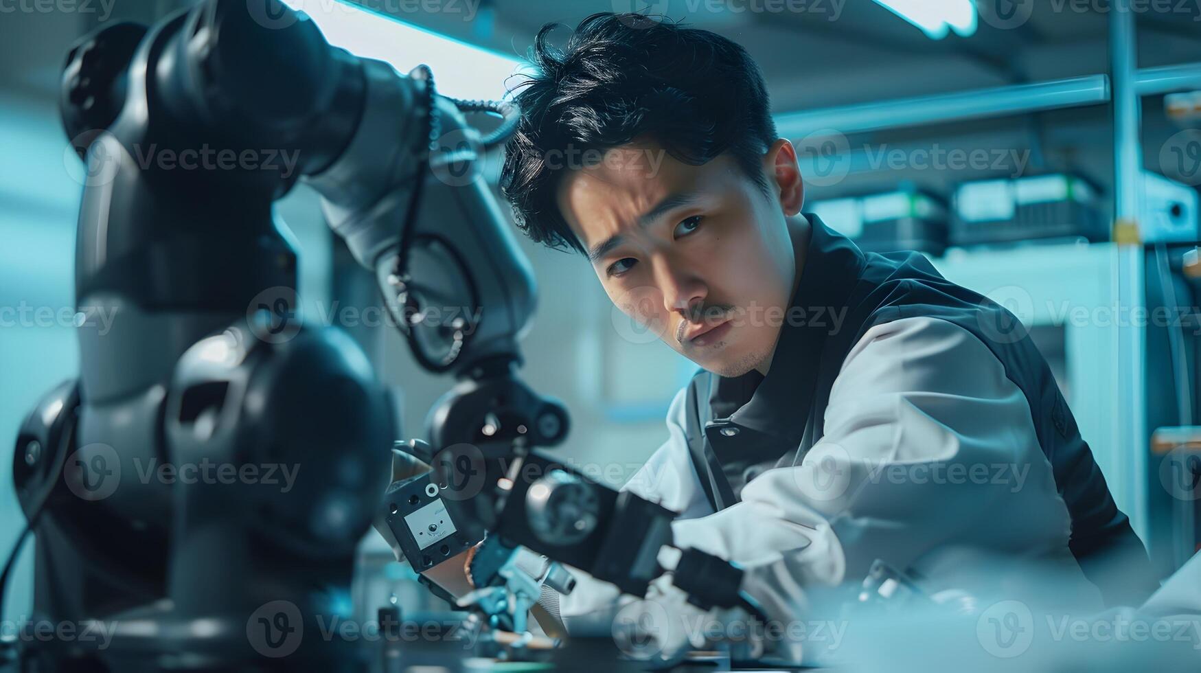 Hallyu Robotics Engineer Examining Mechanical System of Industrial Robotic Arm photo