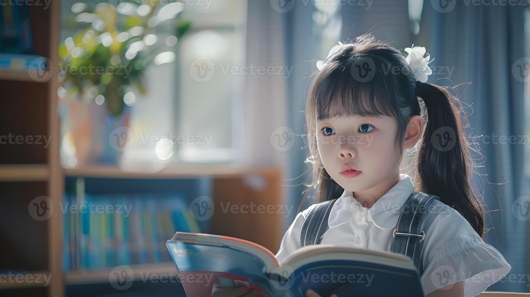 Hallyu Schoolgirl Sitting at Desk Reading Big Book in Classroom Bathed in Daylight photo