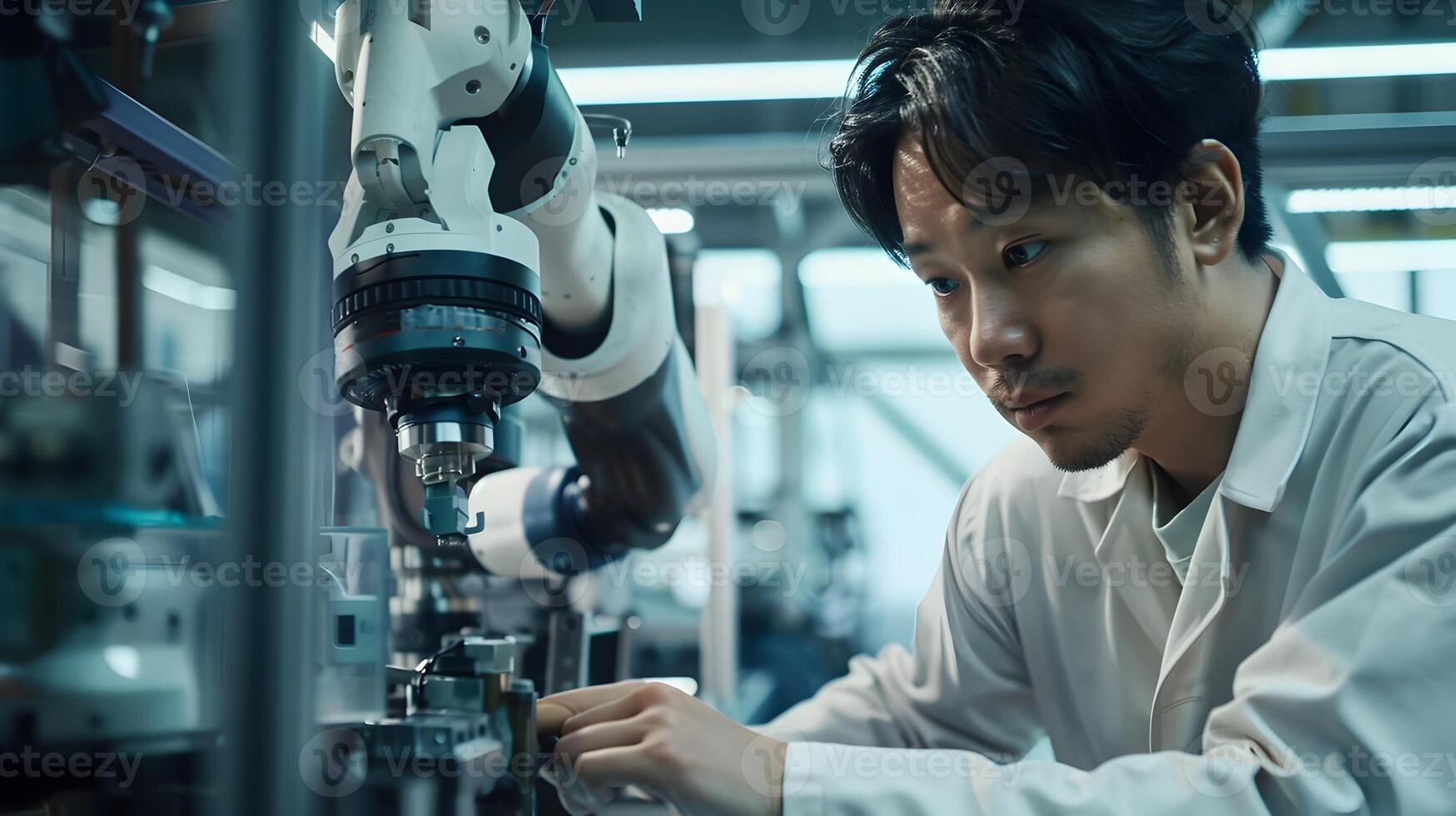 Hallyu Robotics Engineer Working on Mechanical System of Robotic Arm in Modern Industrial Setting photo