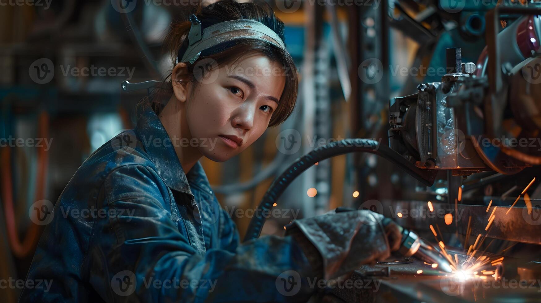 Hallyu Woman Operating Welding Machine in Industrial Workshop photo