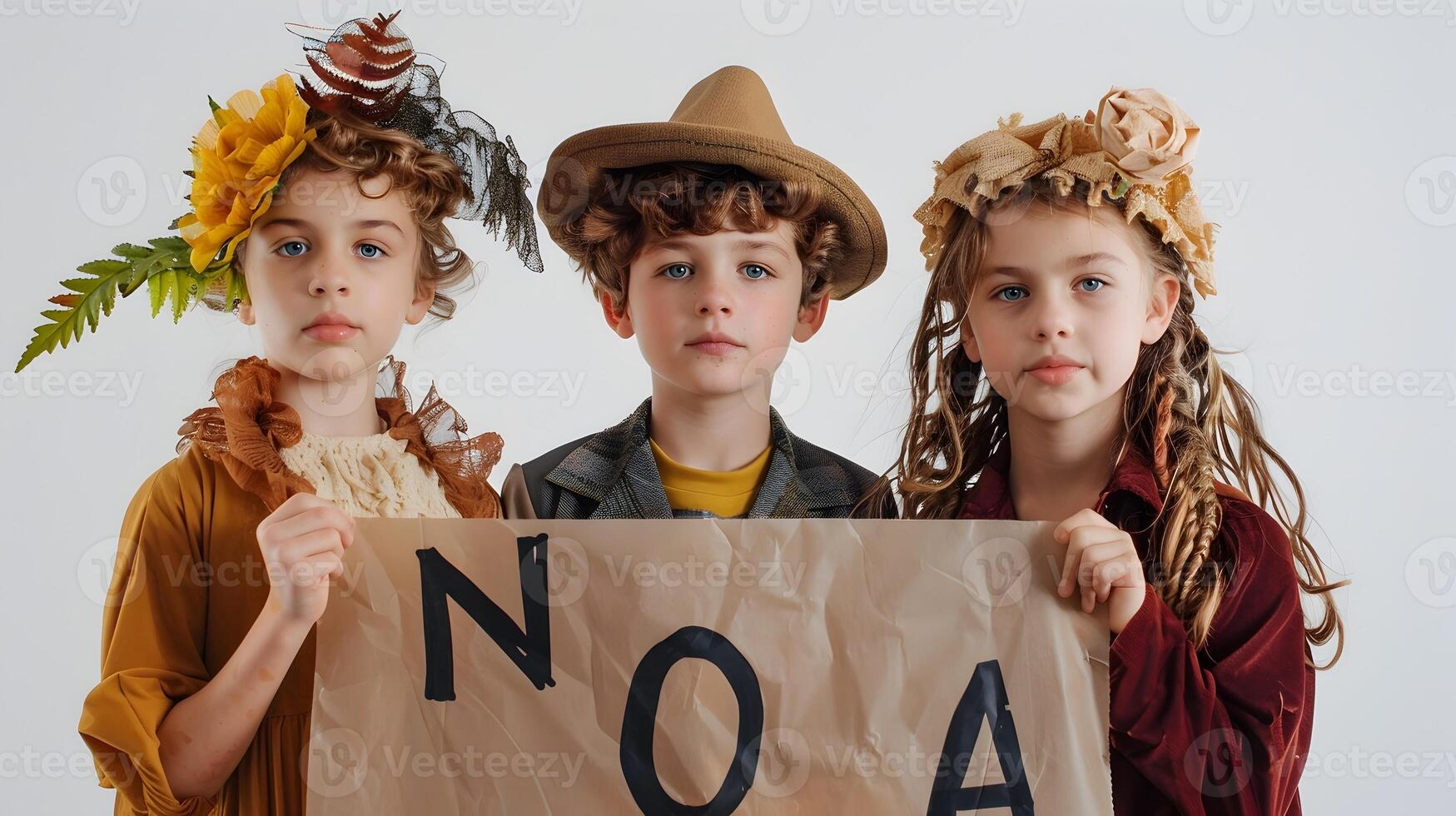 Joyful Sibling Trio Posing in Autumn Leaves and Costumes photo