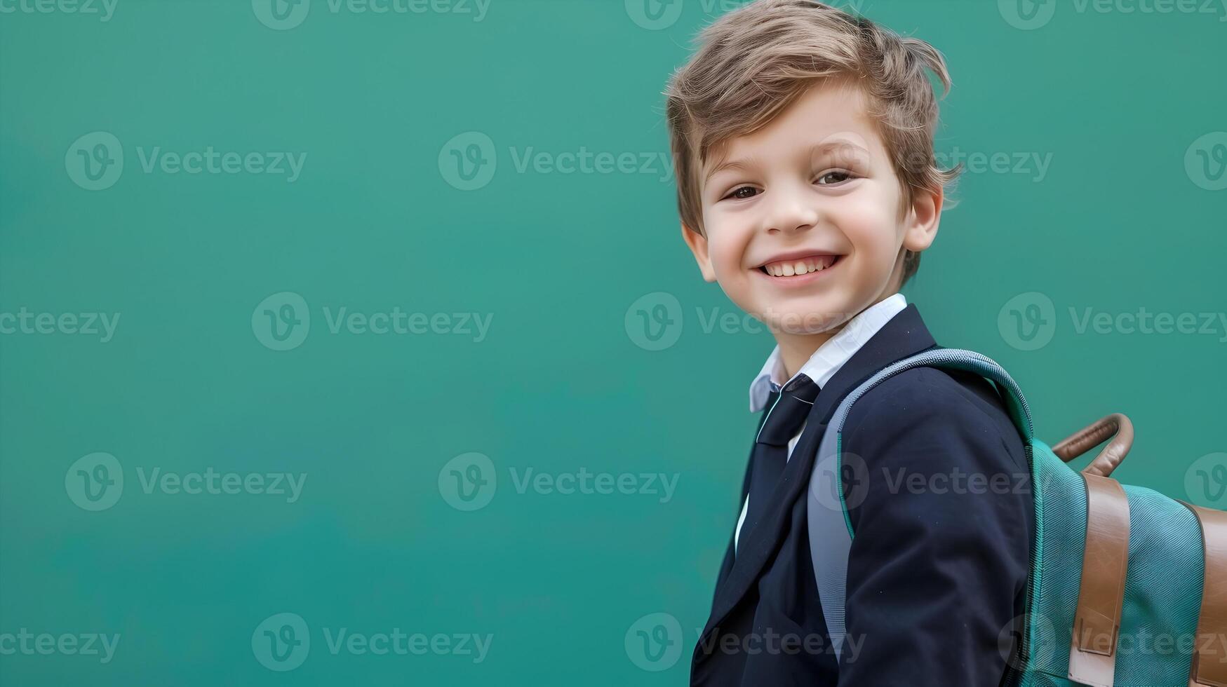 Smiling Boy in School Uniform Walking with Backpack on Green Background photo