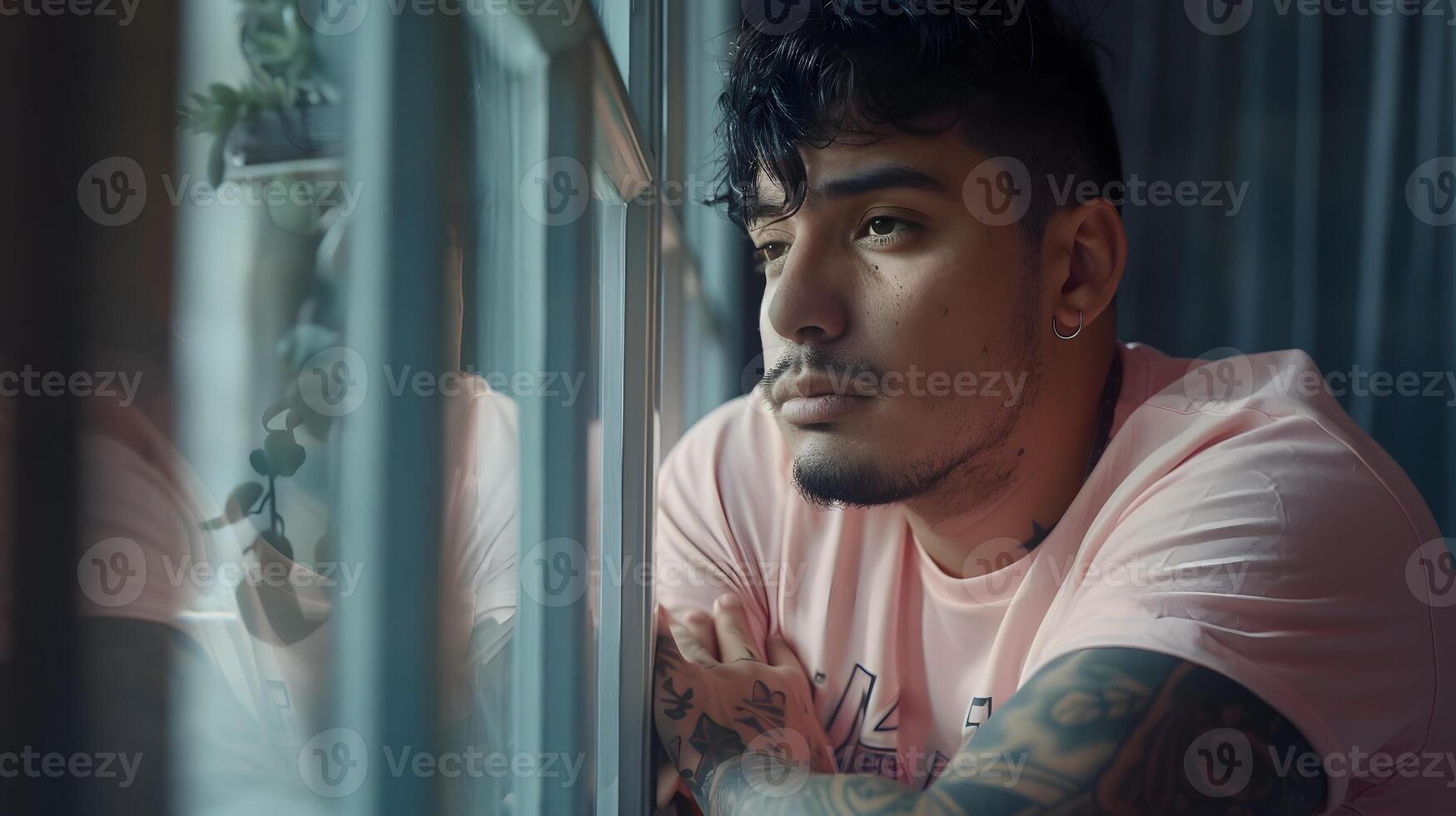 Thoughtful Man Looking Through Window in Daylight photo