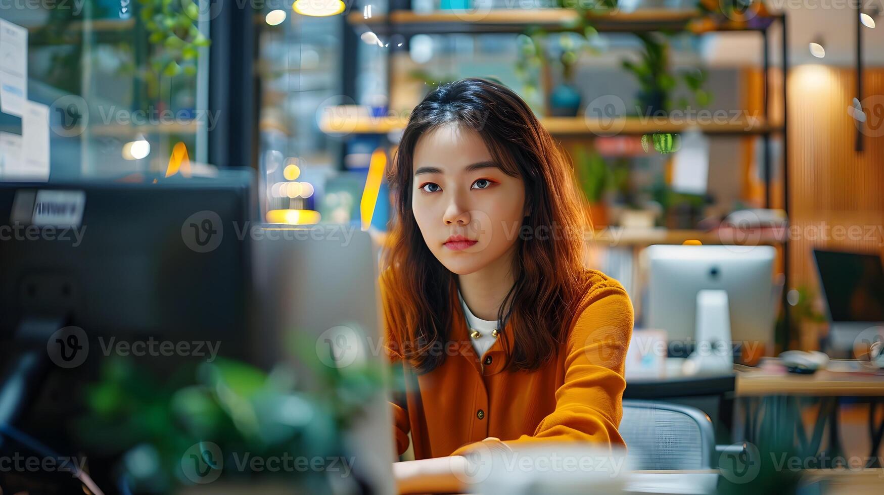 Young Asian Businesswoman Working on Computer in Startup Office Workspace photo