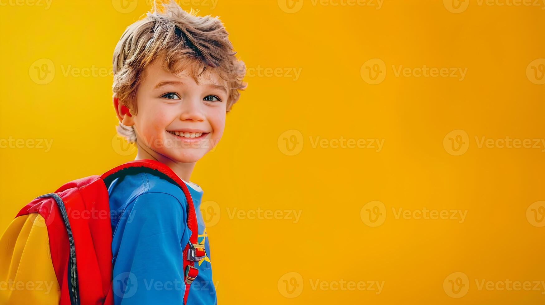 Cheerful Young Boy in Vibrant Superhero Costume Walking with Backpack photo