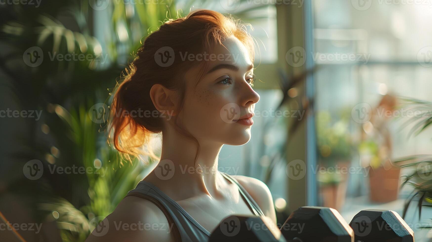 Elegant Redhead Woman s Home Workout Routine with Dumbbell in Daylit Living Room photo