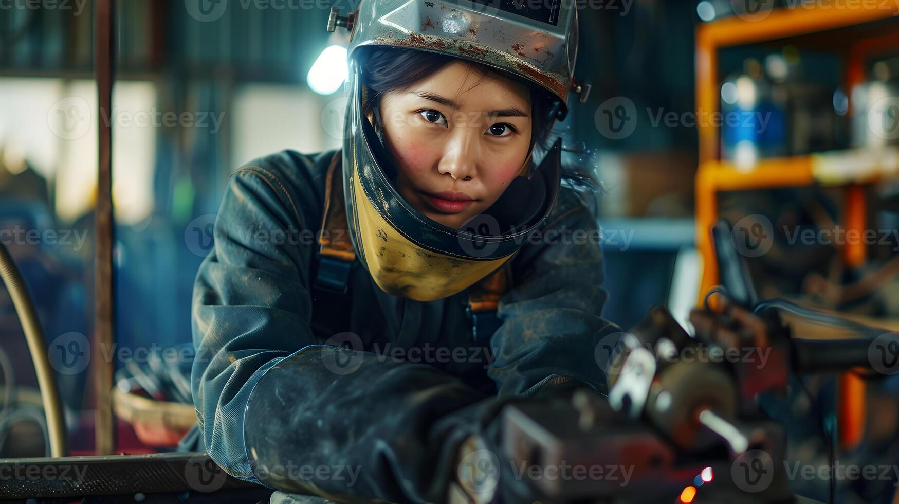 Skilled Female Welder Operates Welding Machine in Workshop Wearing Protective Gear photo