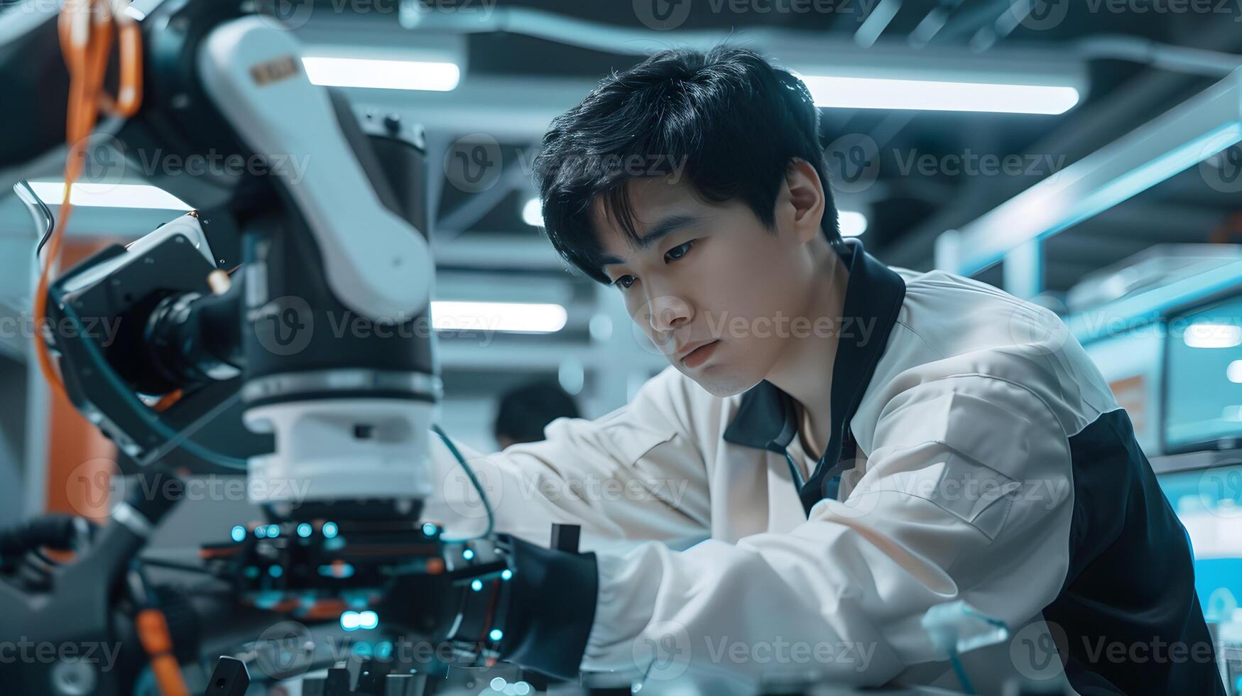 Portrait of hallyu robotics engineer working on mechanical system of robotic arm in modern industry photo