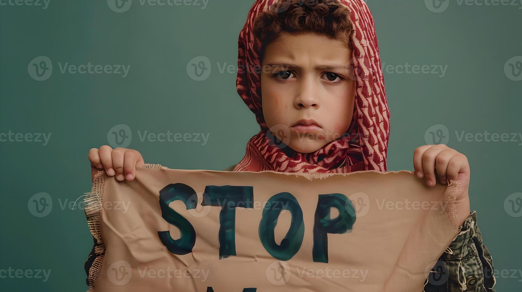 Sad Palestinian Boy Holding Stop War Banner in Neo Pop Style Portrait photo