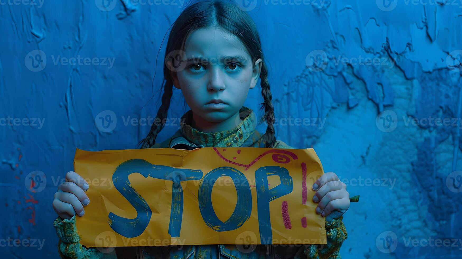 Sorrowful Girl Holding Stop War Banner in Neo Pop Style photo