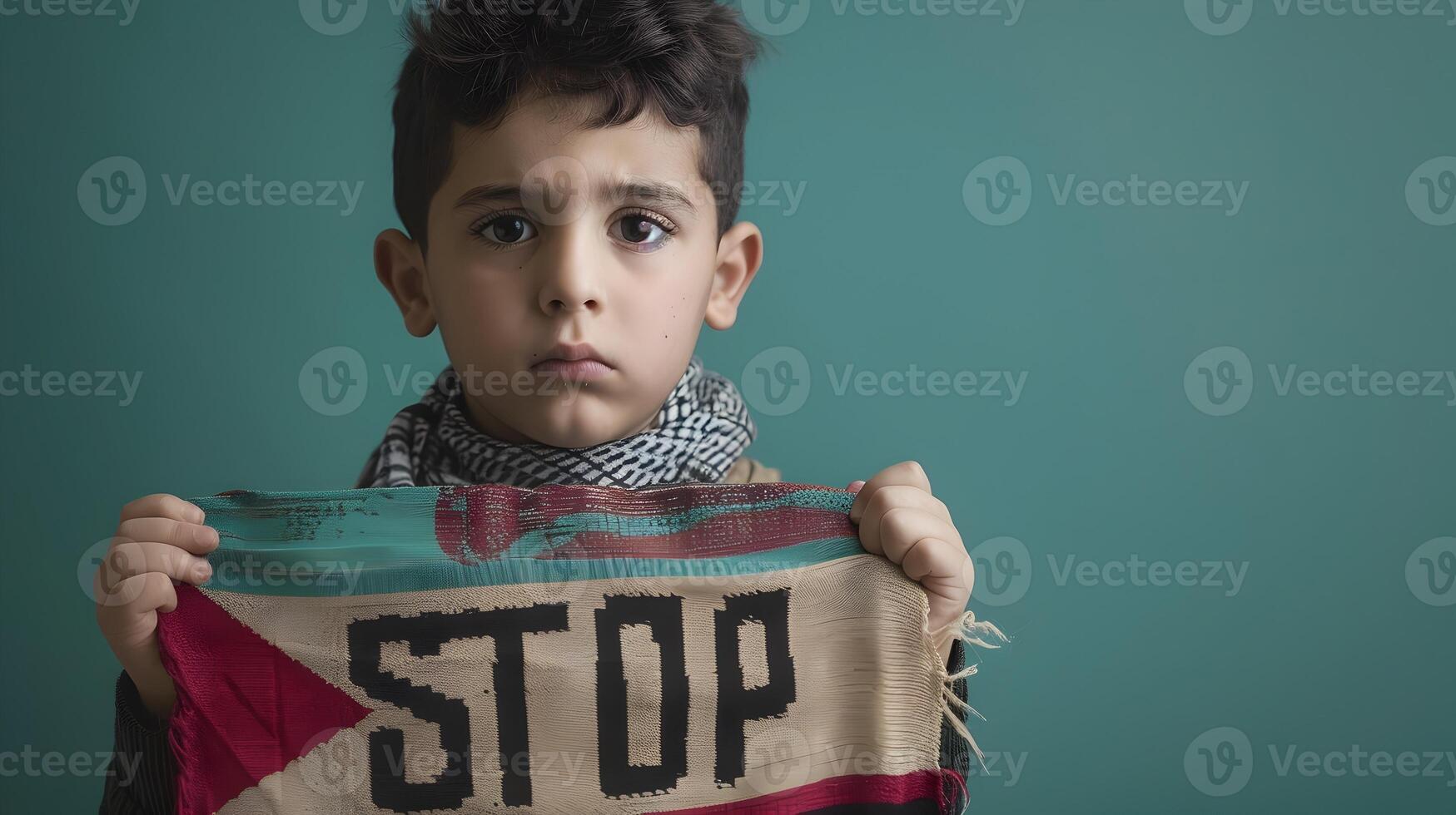 Sad Young Boy Holding a Stop War Banner in Neo Pop Style on Jade Background photo