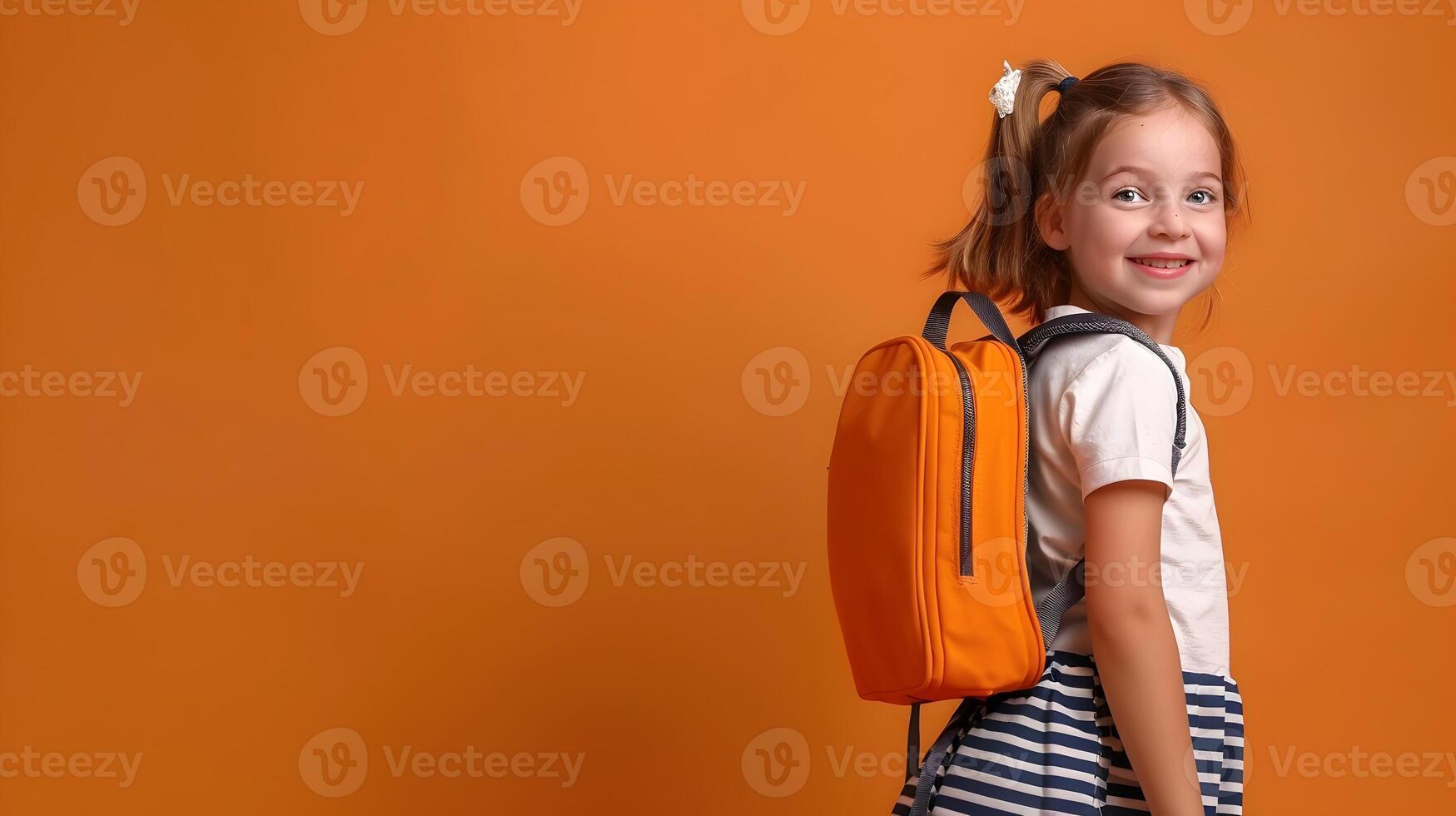 Cheerful Girl with Backpack Heading Back to School on Vibrant Orange Background photo