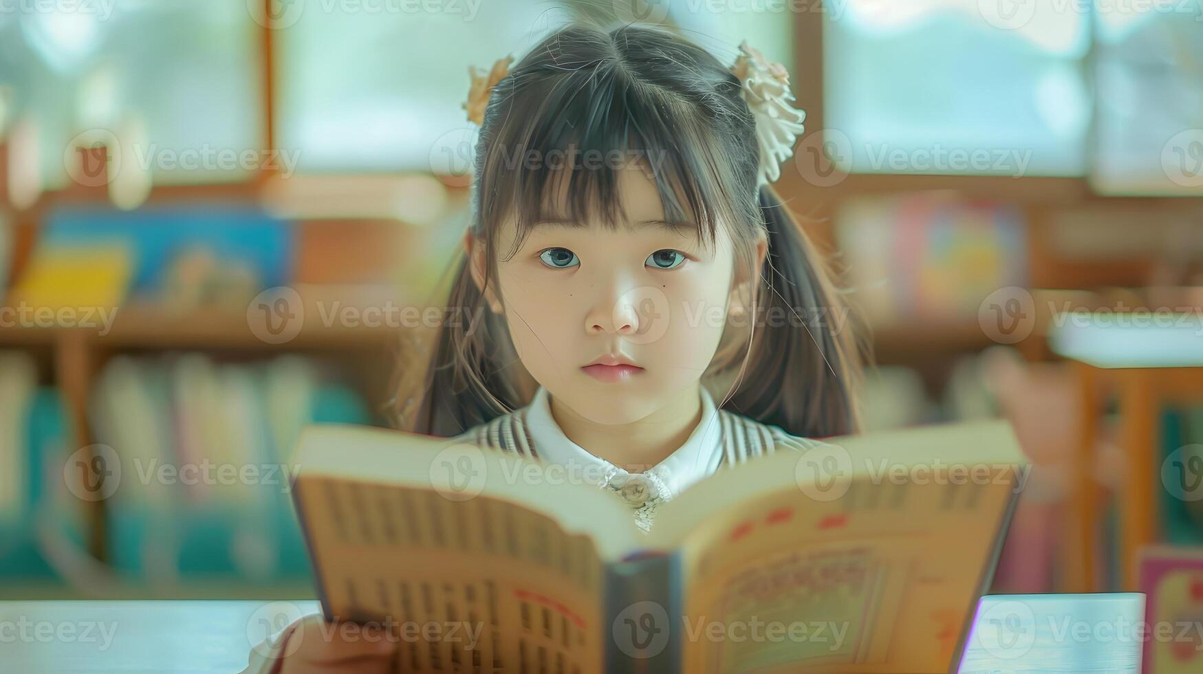 Adorable Asian Schoolgirl Sitting at Desk Reading Big Book in Classroom photo