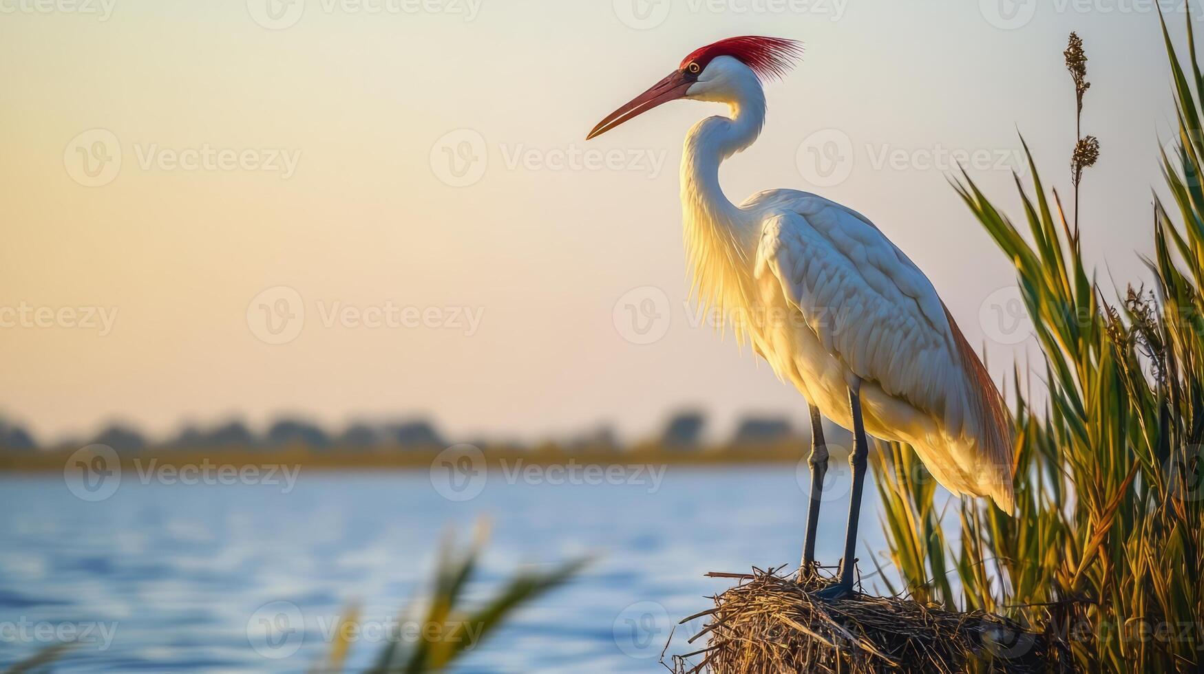 Majestic Heron Perched on Riverbank at Sunset Overlooking Tranquil Lake or Marsh Landscape photo