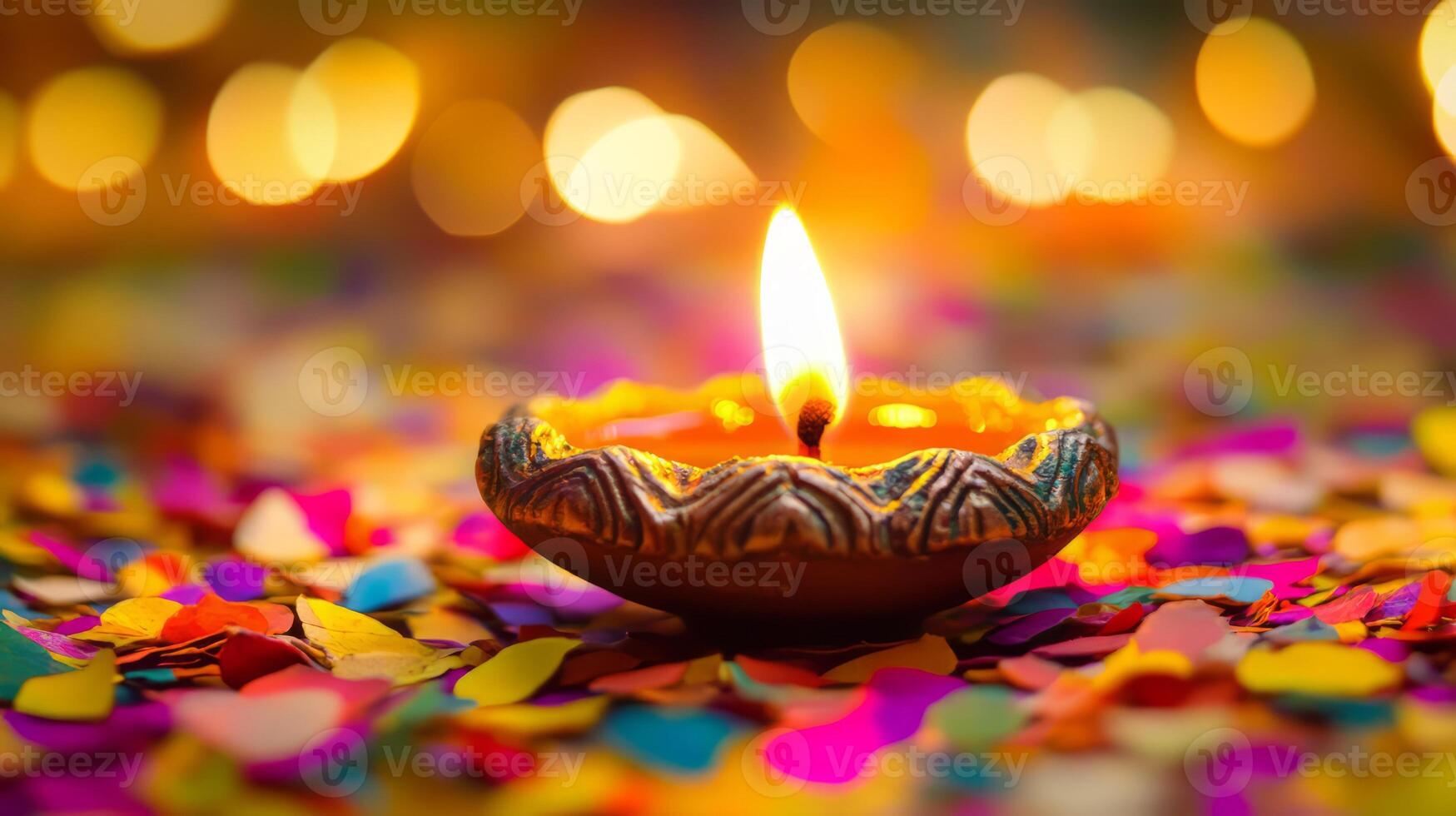 Colorful Rangoli Patterns and Diwali Candle Light on Festive Background photo