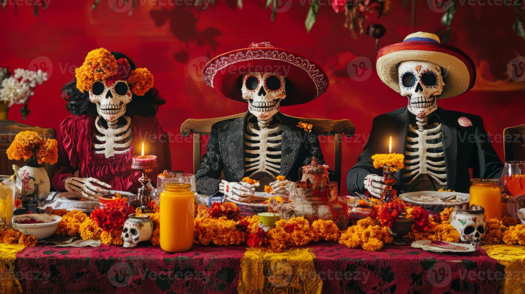 Festive Dia de los Muertos Altar with Colorful Skeletons and photo